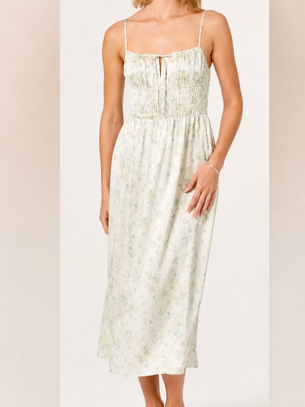 ASTR the Label NEW Zola Ditsy Floral Smocked Satin Midi Dress SZ Medium Milkmaid